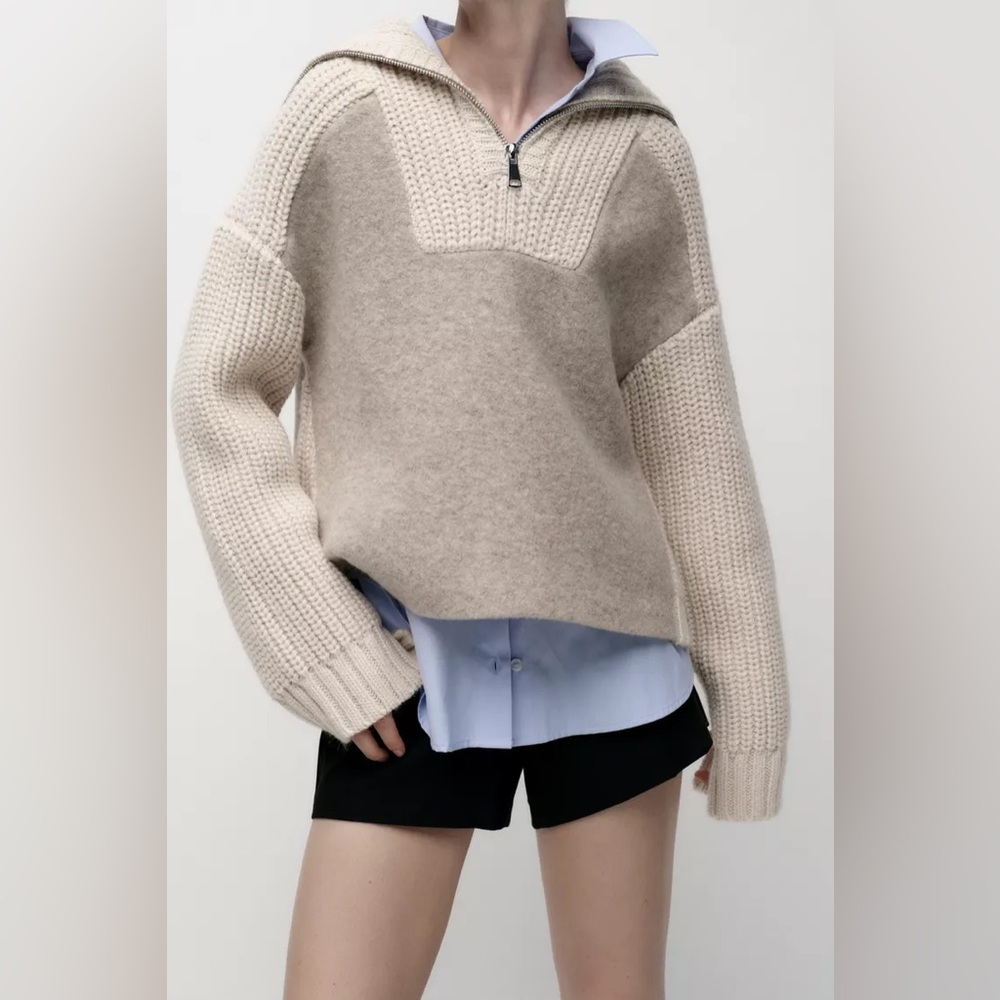 Zara Ecru Wool & Alpaca Blend Knit Zipper Sweater - Picture 1 of 8